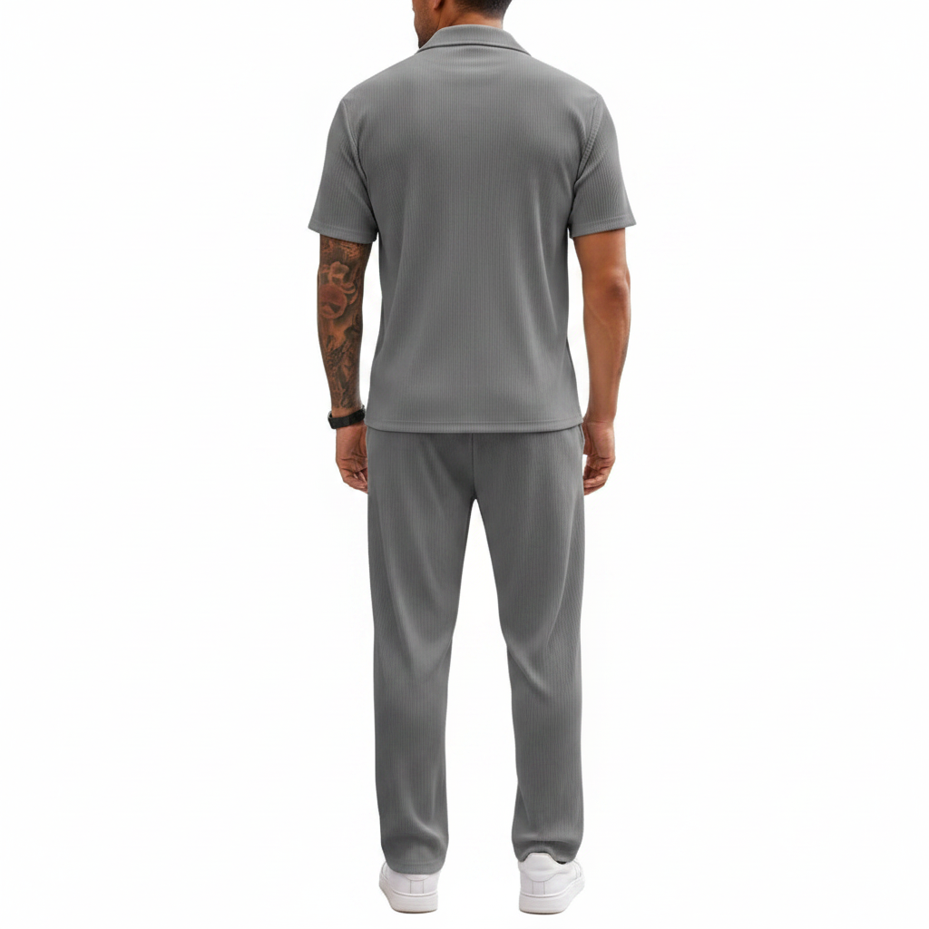 Men’s Ribbed Short Sleeve Button-Up Shirt with Full-Length Pants Set in Beige 7