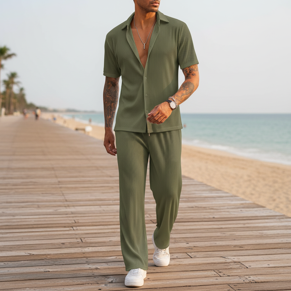 Men’s Ribbed Short Sleeve Button-Up Shirt with Full-Length Pants Set in Beige 6