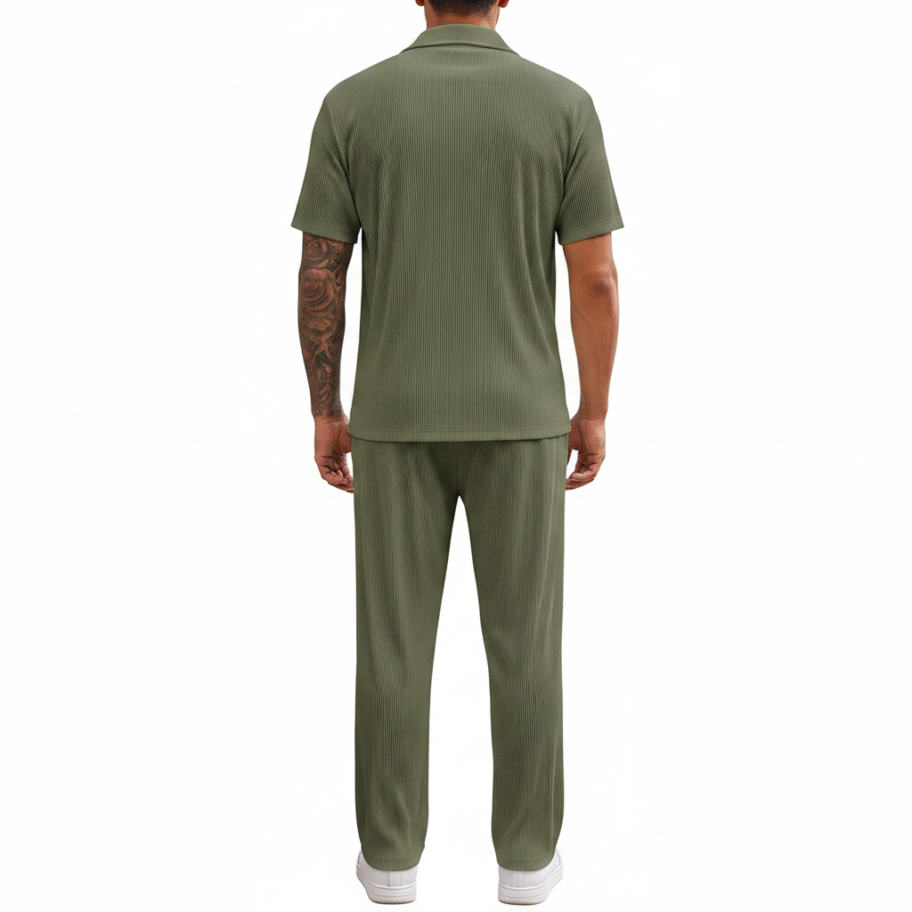 Men’s Ribbed Short Sleeve Button-Up Shirt with Full-Length Pants Set in Beige 4