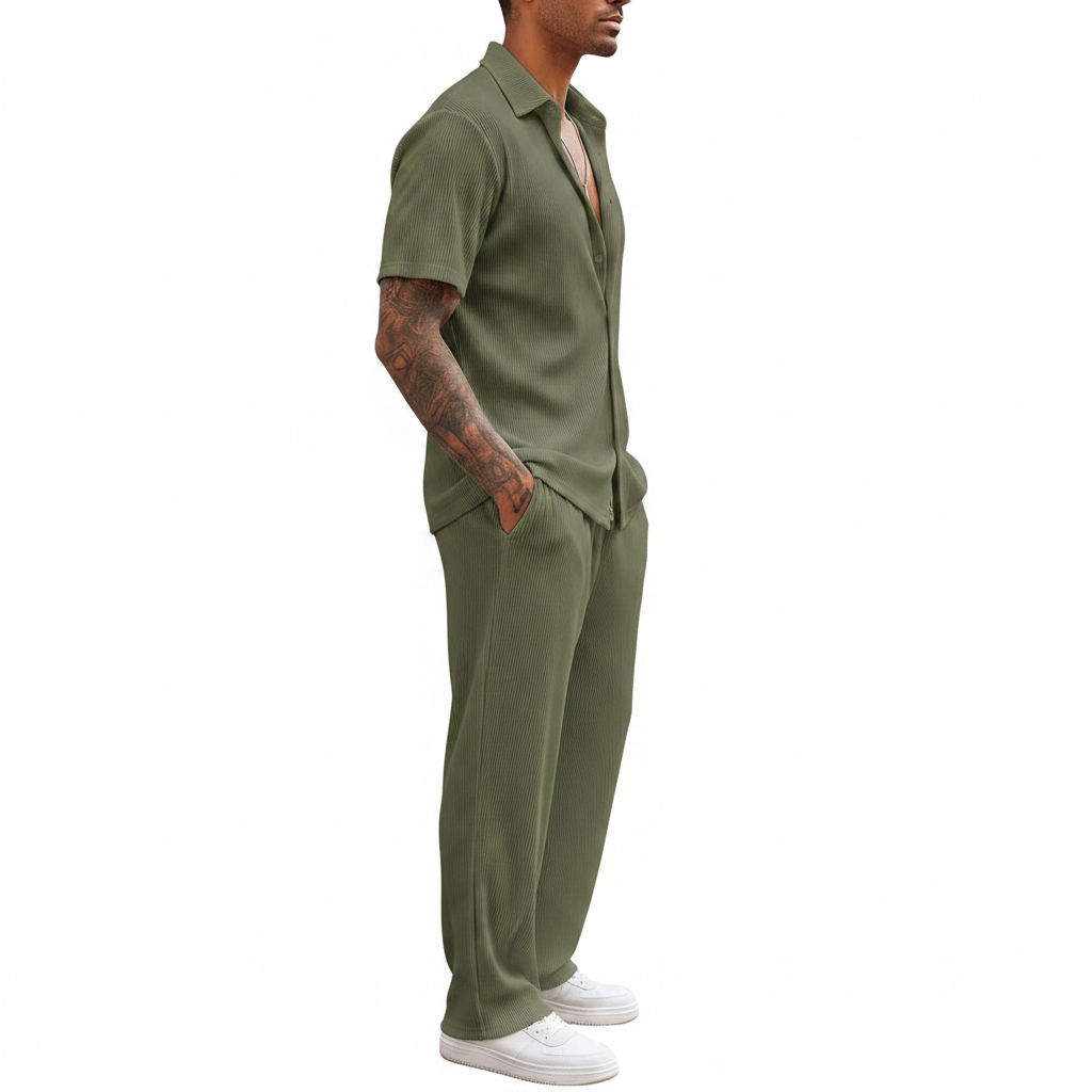 Men’s Ribbed Short Sleeve Button-Up Shirt with Full-Length Pants Set in Beige 5