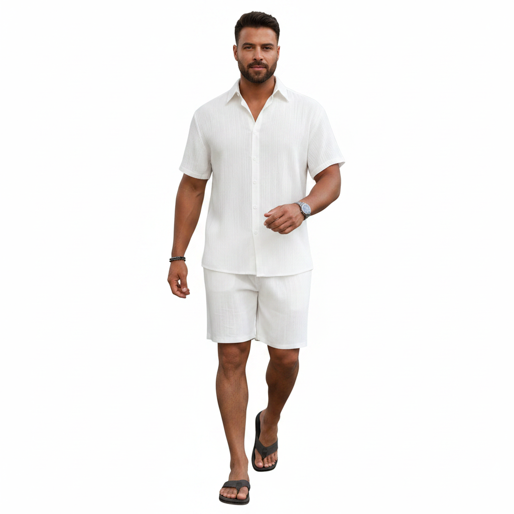 Men’s Ribbed Short Sleeve Button-Up Shirt with Matching Shorts Set 27
