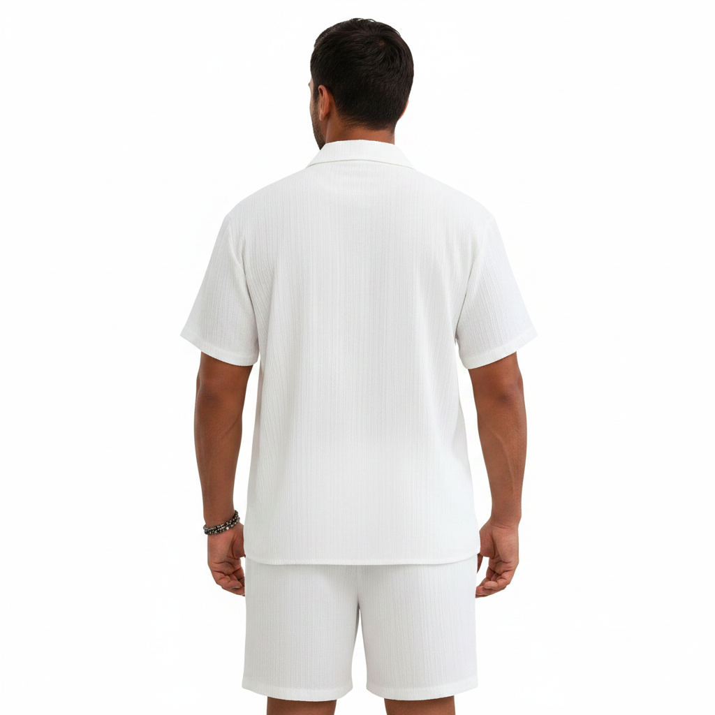 Men’s Ribbed Short Sleeve Button-Up Shirt with Matching Shorts Set 26