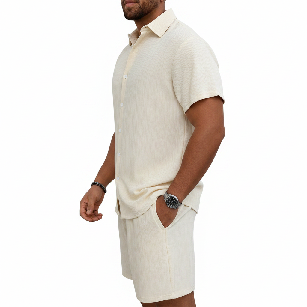 Men’s Ribbed Short Sleeve Button-Up Shirt with Matching Shorts Set 23