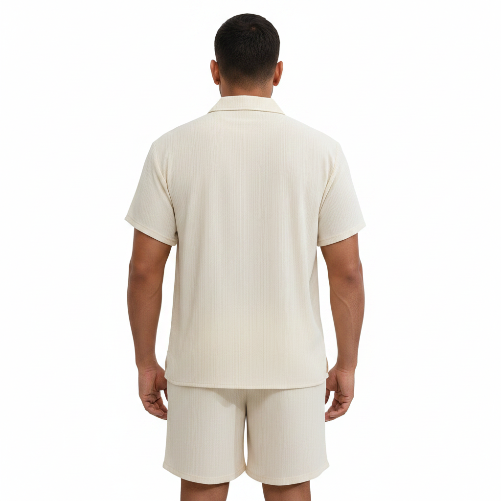 Men’s Ribbed Short Sleeve Button-Up Shirt with Matching Shorts Set 22