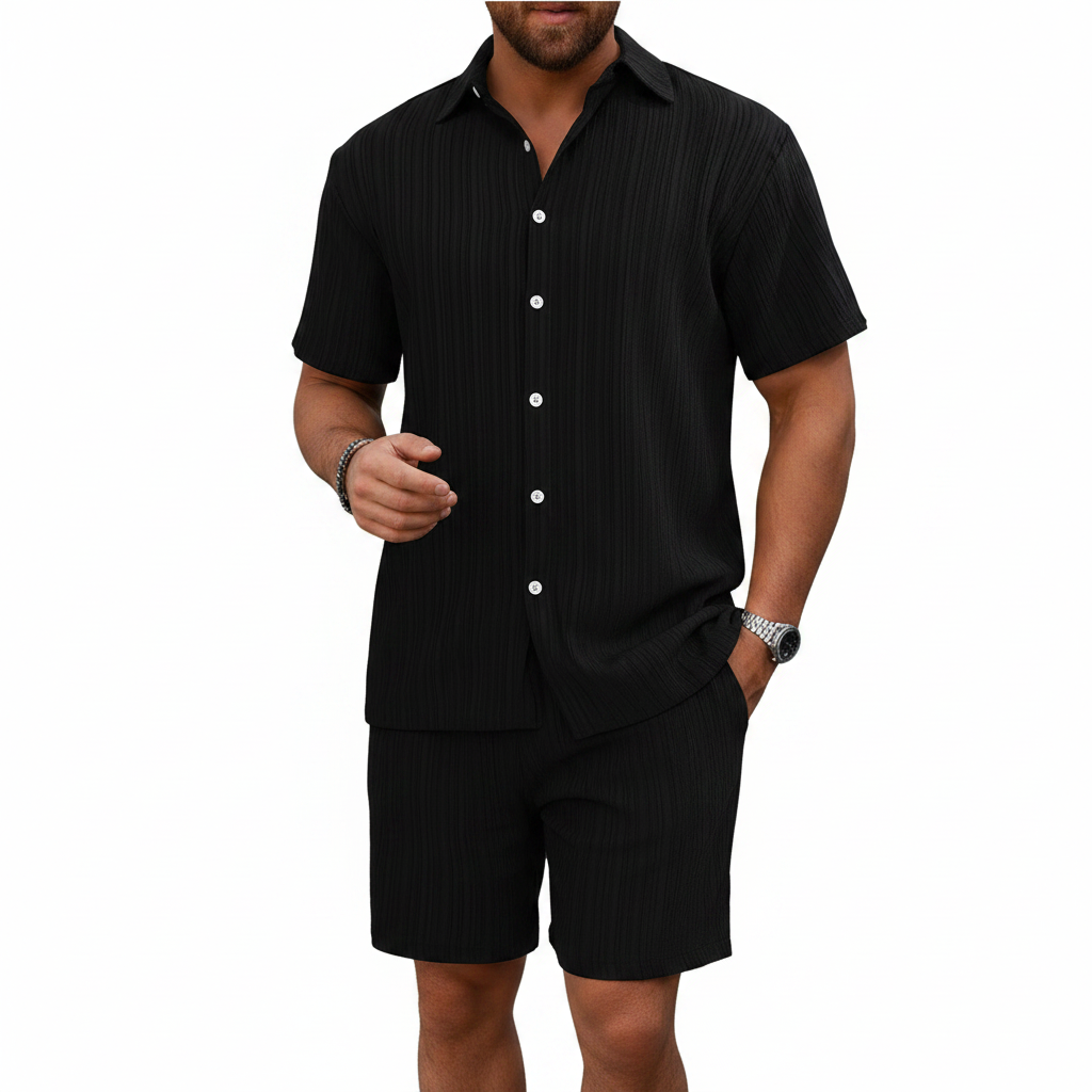 Men’s Ribbed Short Sleeve Button-Up Shirt with Matching Shorts Set 19