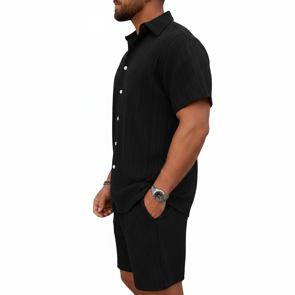Men’s Ribbed Short Sleeve Button-Up Shirt with Matching Shorts Set 18