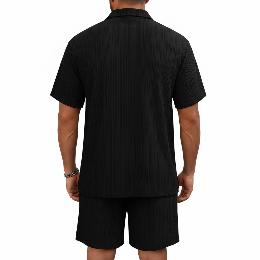 Men’s Ribbed Short Sleeve Button-Up Shirt with Matching Shorts Set 17