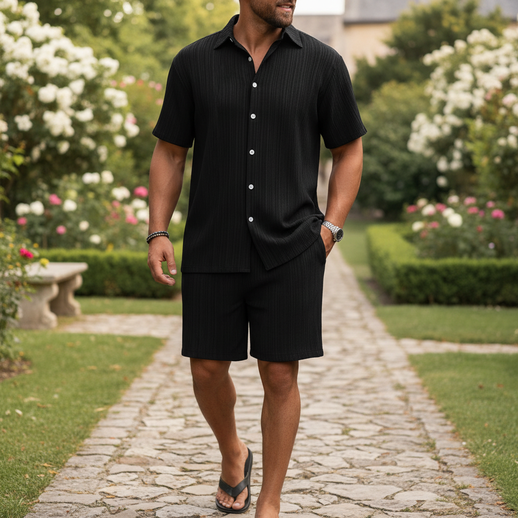 Men’s Ribbed Short Sleeve Button-Up Shirt with Matching Shorts Set 20