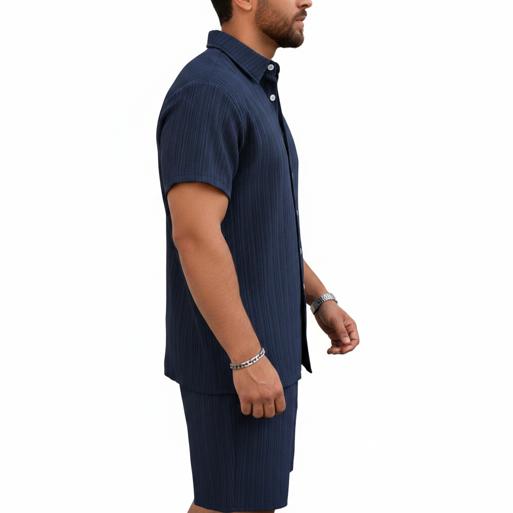 Men’s Ribbed Short Sleeve Button-Up Shirt with Matching Shorts Set 15