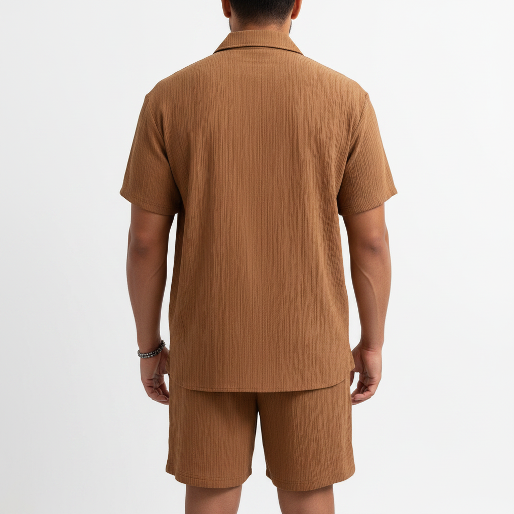 Men’s Ribbed Short Sleeve Button-Up Shirt with Matching Shorts Set 5
