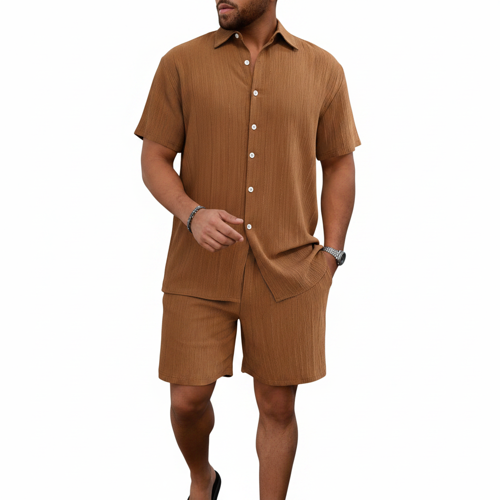 Men’s Ribbed Short Sleeve Button-Up Shirt with Matching Shorts Set
