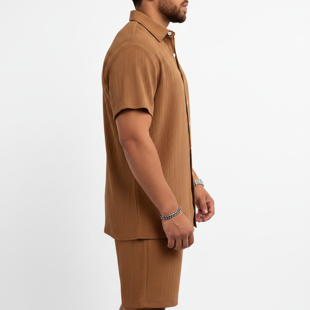 Men’s Ribbed Short Sleeve Button-Up Shirt with Matching Shorts Set 6