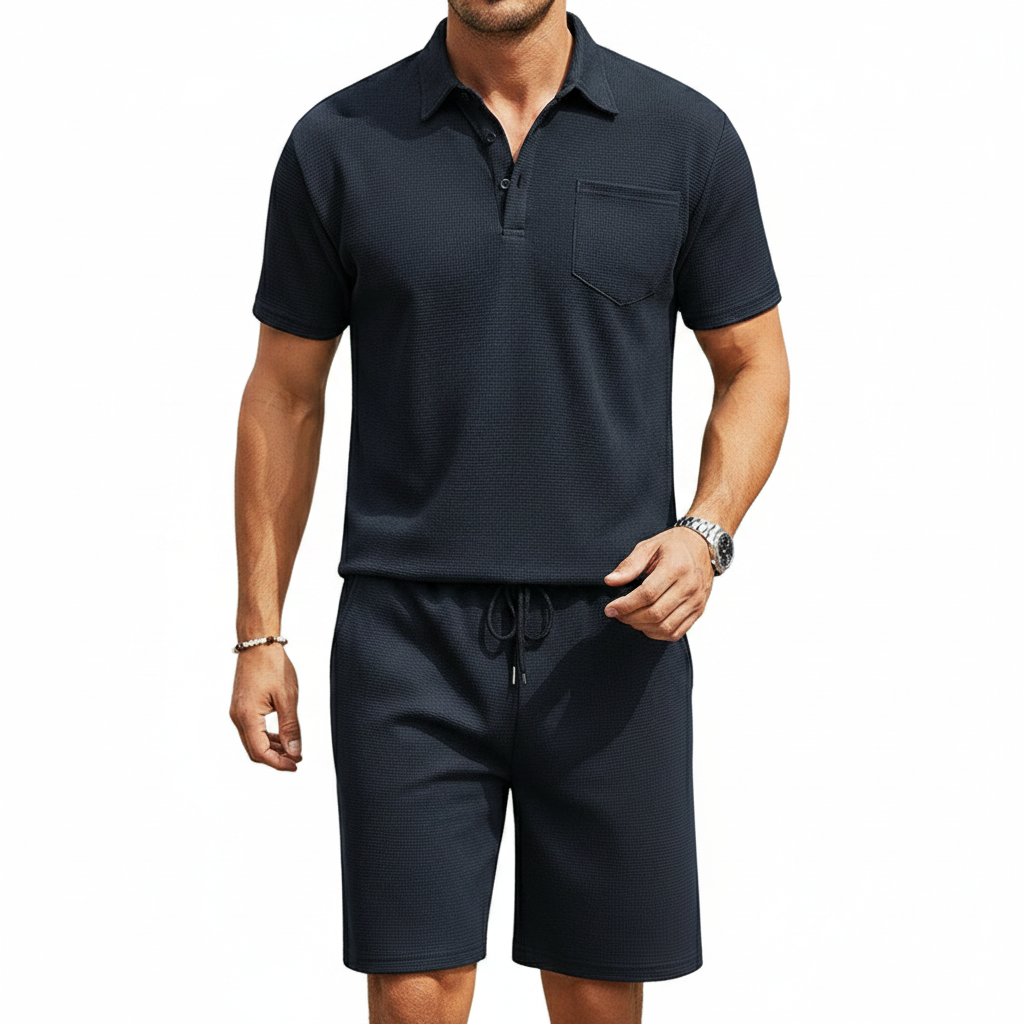 Men’s Textured Polo Shirt with Drawstring Shorts Set 13