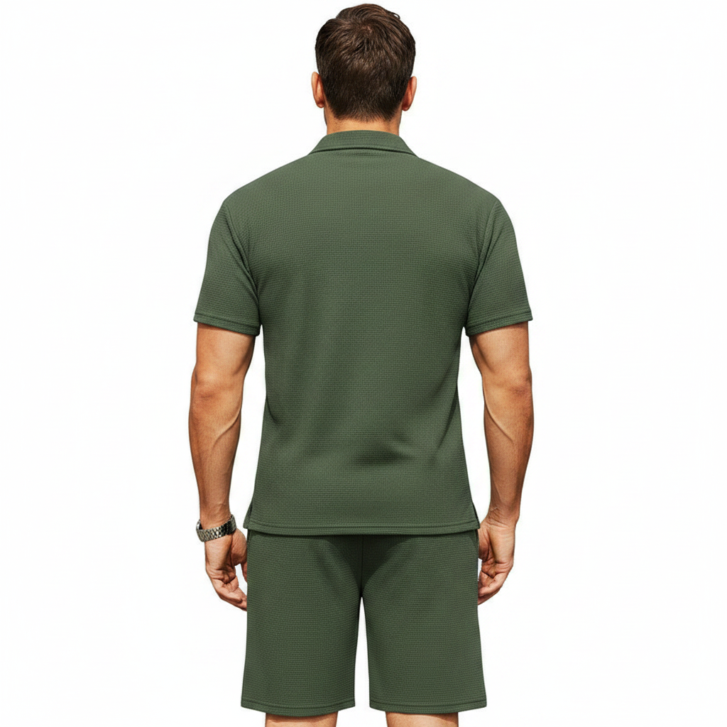 Men’s Textured Polo Shirt with Drawstring Shorts Set 11
