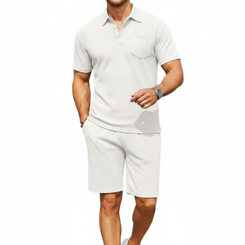Men’s Textured Polo Shirt with Drawstring Shorts Set 5