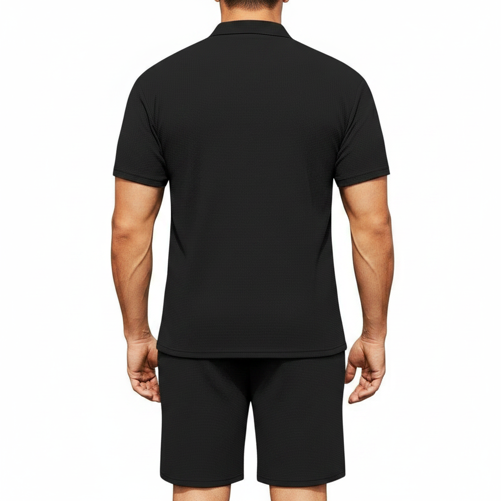 Men’s Textured Polo Shirt with Drawstring Shorts Set 3