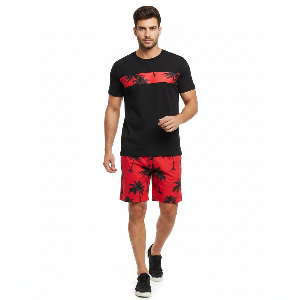 Men’s Palm Tree Print T-Shirt with Drawstring Shorts Set