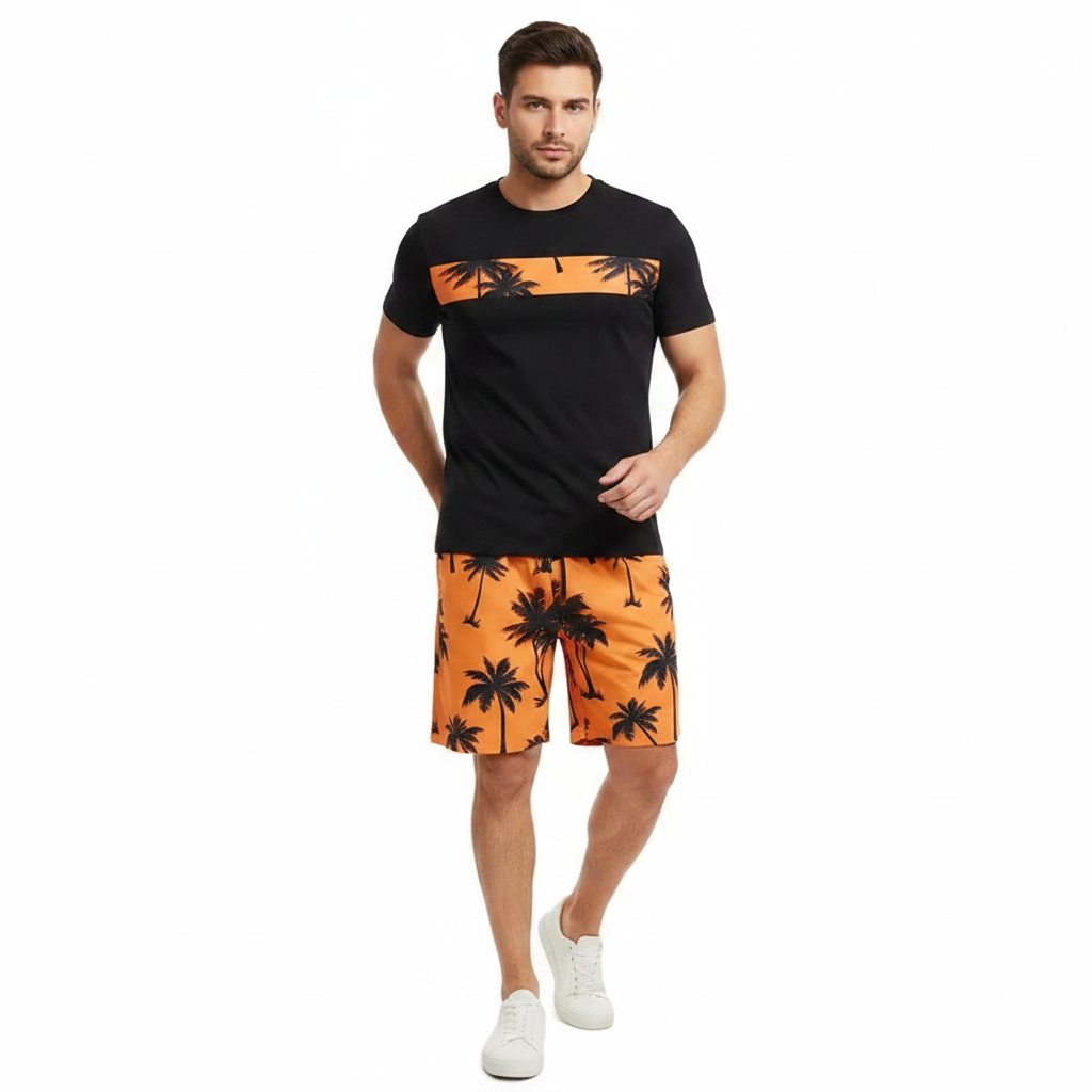 Men’s Palm Tree Print T-Shirt with Drawstring Shorts Set 21