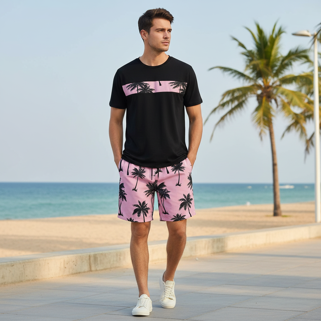 Men’s Palm Tree Print T-Shirt with Drawstring Shorts Set 20
