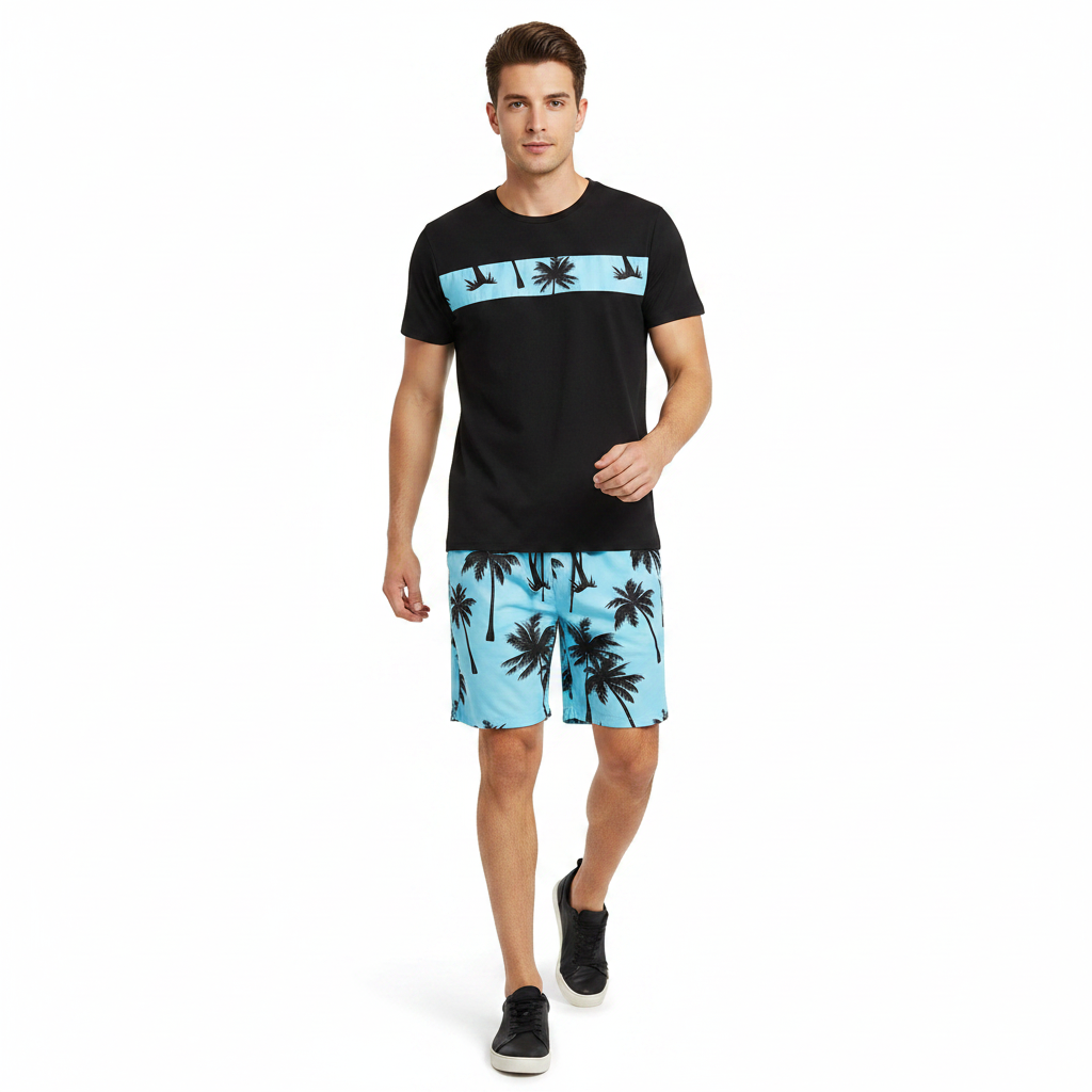 Men’s Palm Tree Print T-Shirt with Drawstring Shorts Set 13