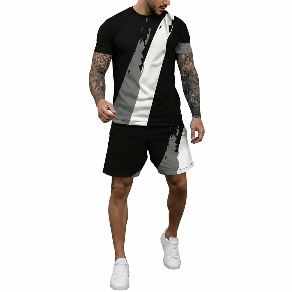 Men’s Block Short Sleeve T-Shirt and Shorts Set with Stripe Detail 20