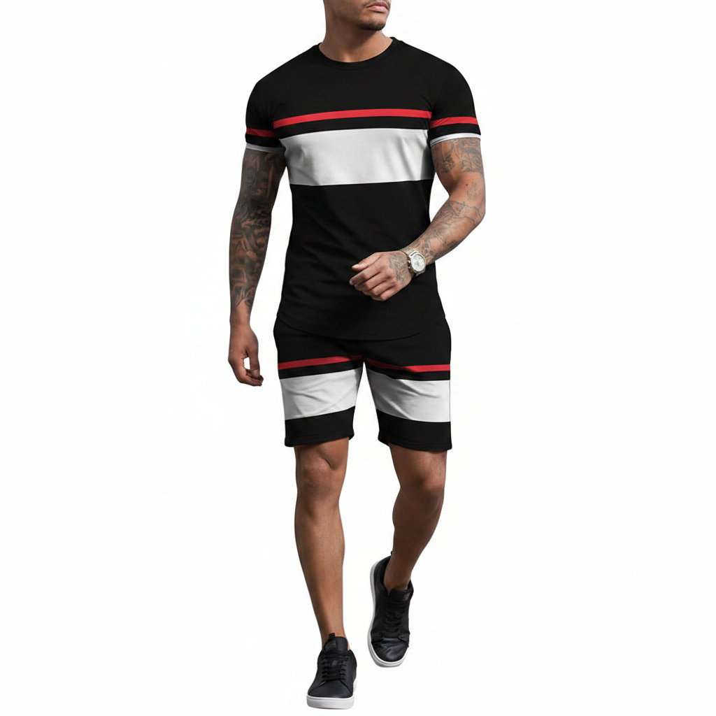 Men’s Block Short Sleeve T-Shirt and Shorts Set with Stripe Detail 16