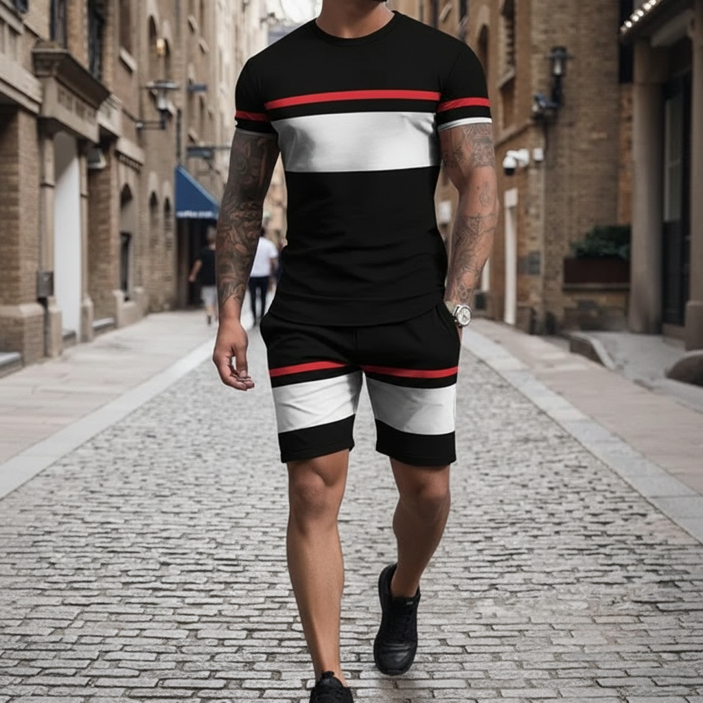 Men’s Block Short Sleeve T-Shirt and Shorts Set with Stripe Detail 19