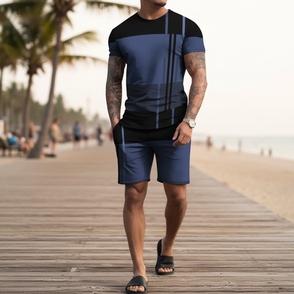 Men’s Block Short Sleeve T-Shirt and Shorts Set with Stripe Detail 15