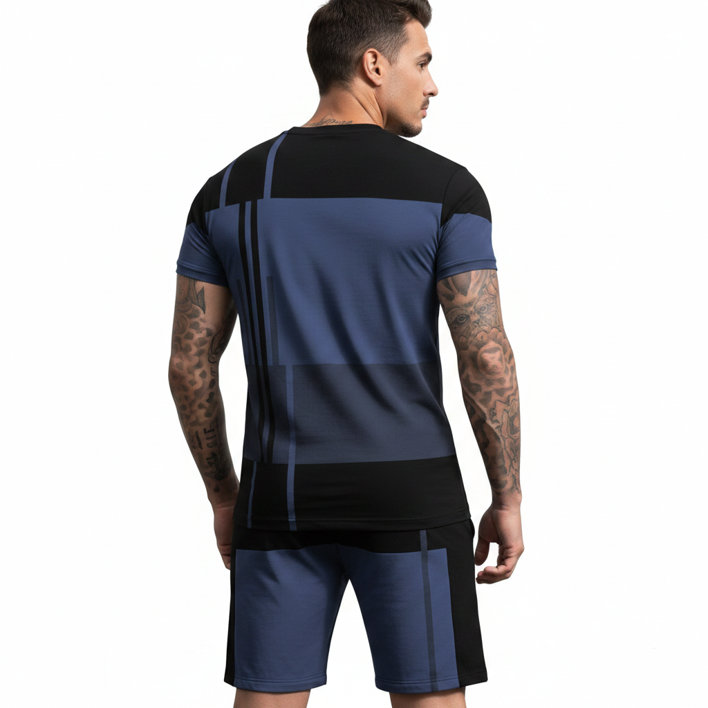 Men’s Block Short Sleeve T-Shirt and Shorts Set with Stripe Detail 14