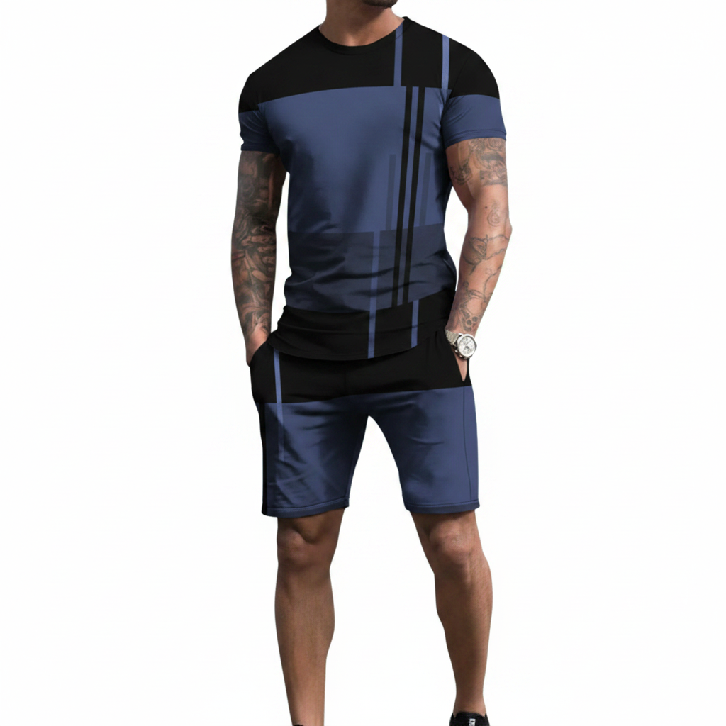 Men’s Block Short Sleeve T-Shirt and Shorts Set with Stripe Detail 12