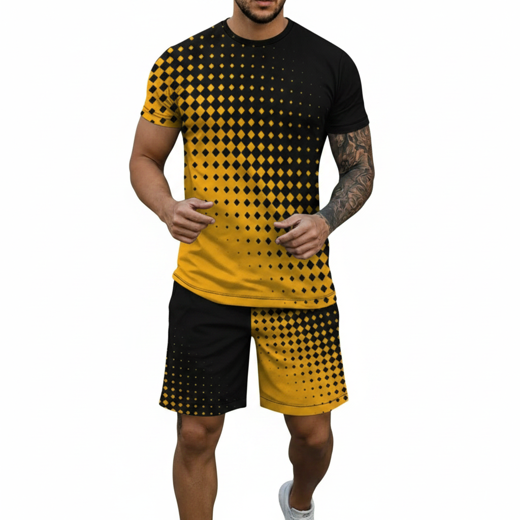 Men’s Block Short Sleeve T-Shirt and Shorts Set with Stripe Detail 10