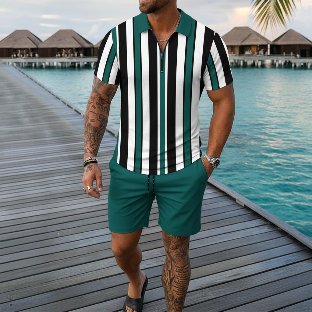 Men’s Green and Black Vertical Stripe Zip Polo Shirt and Shorts Set 9