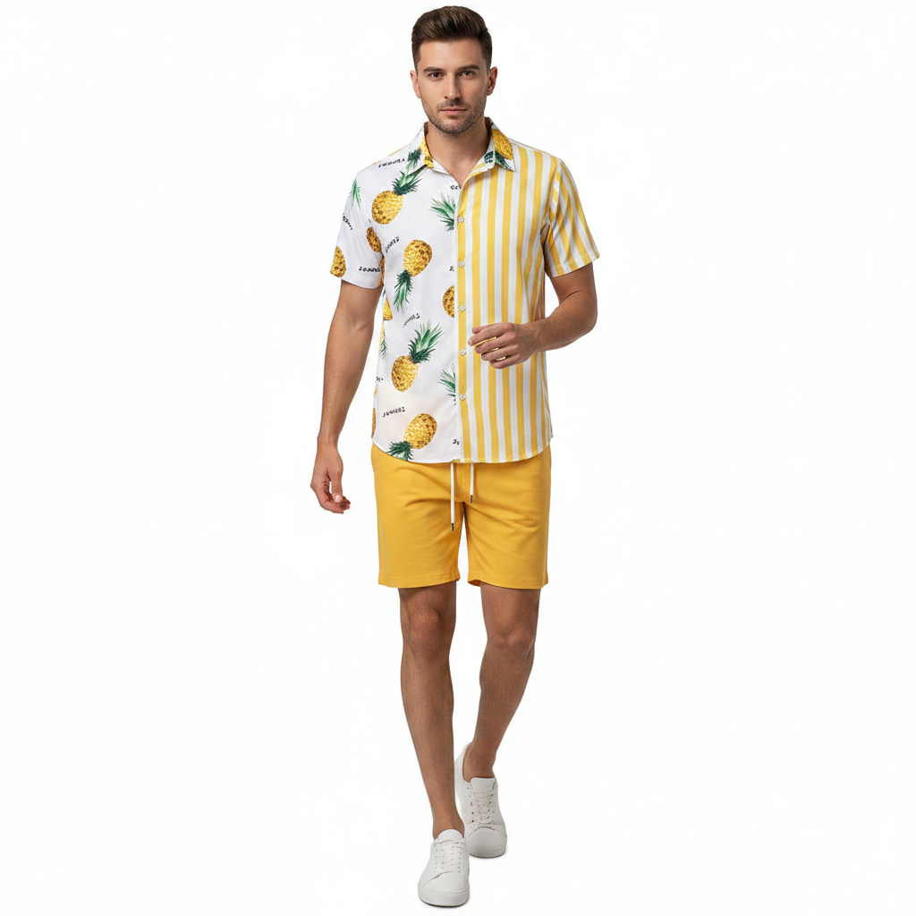 Men’s Summer Casual Wear Sleeve Button-Up Shirt Shorts Set