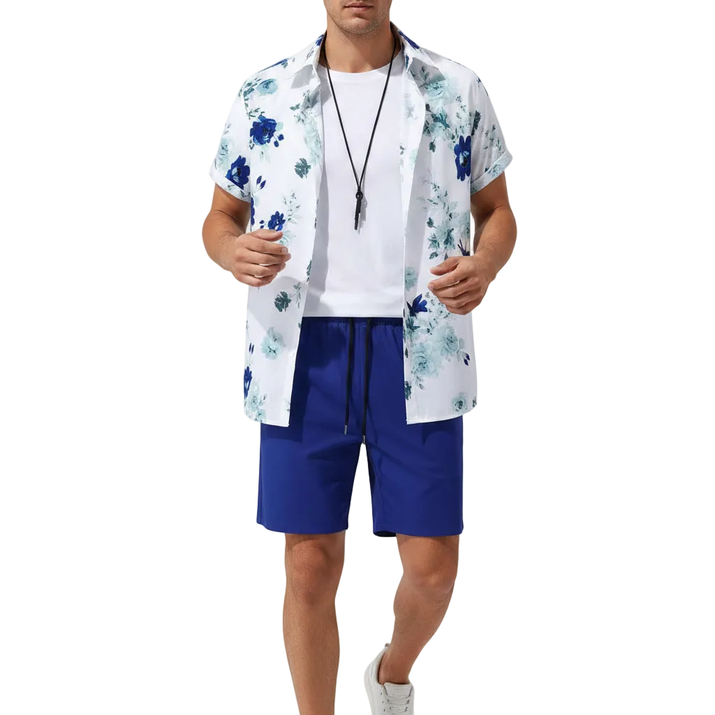 Men’s Summer Casual Wear Sleeve Button-Up Shirt Shorts Set 25