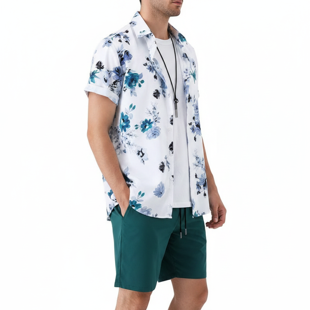 Men’s Summer Casual Wear Sleeve Button-Up Shirt Shorts Set 23