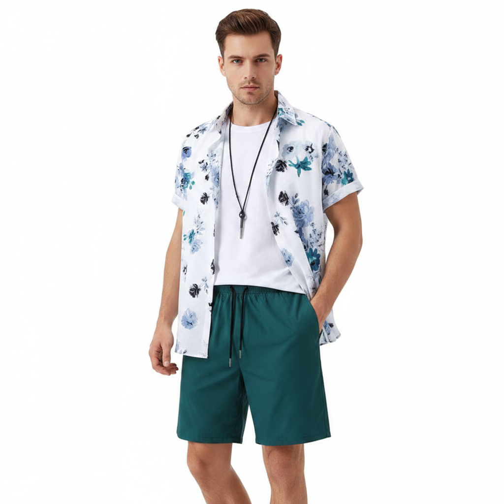 Men’s Summer Casual Wear Sleeve Button-Up Shirt Shorts Set 21