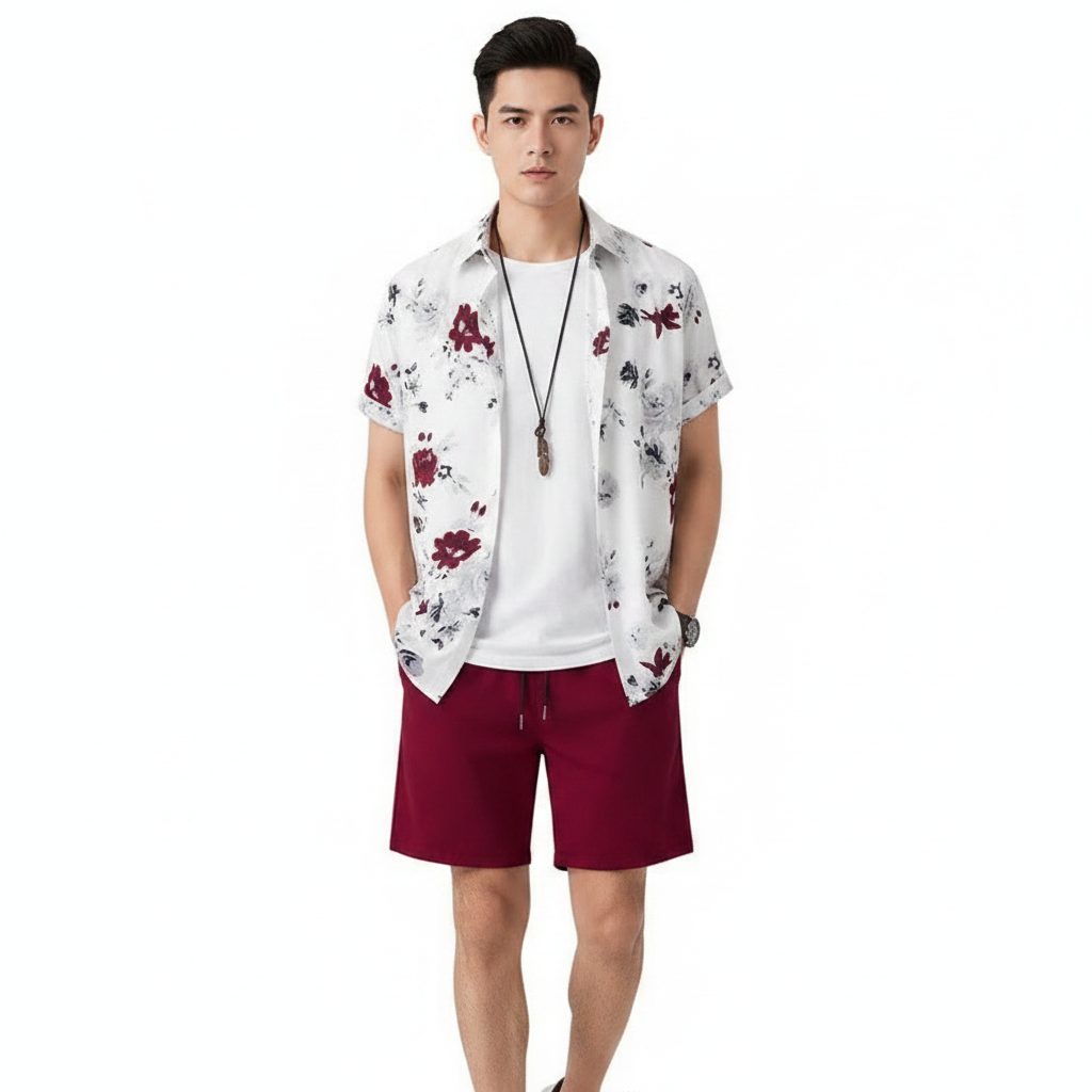 Men’s Summer Casual Wear Sleeve Button-Up Shirt Shorts Set 17