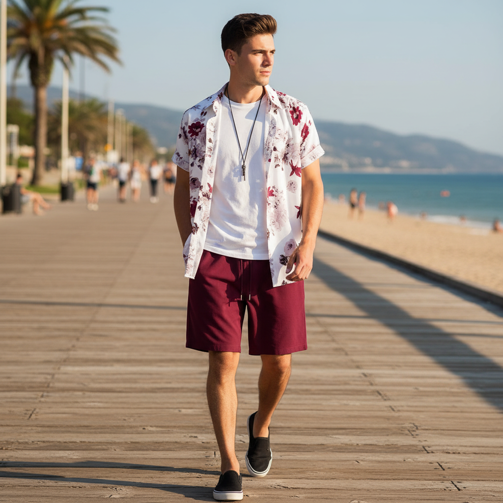 Men’s Summer Casual Wear Sleeve Button-Up Shirt Shorts Set 12