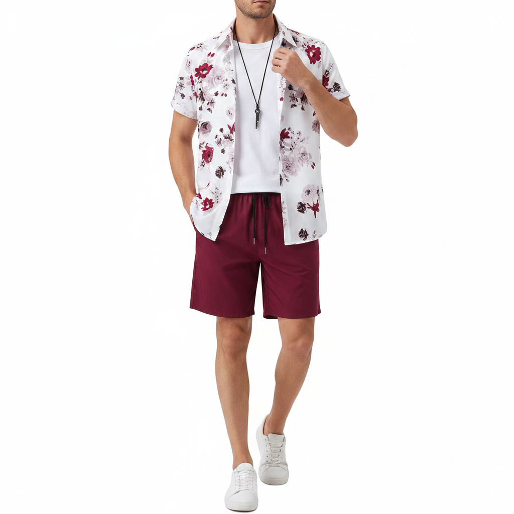 Men’s Summer Casual Wear Sleeve Button-Up Shirt Shorts Set 9