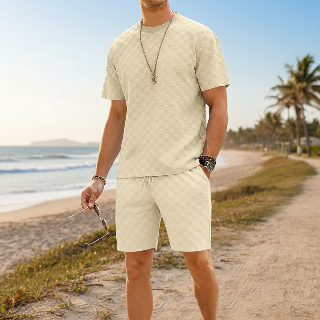 Men’s Gray Textured Checkered Short Sleeve T-Shirt and Drawstring Shorts Set 6