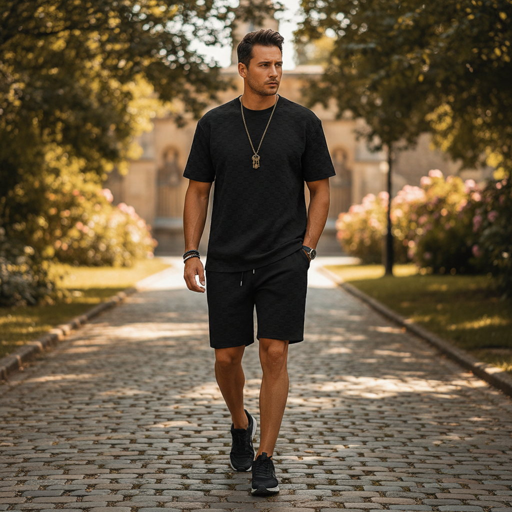 Men’s Gray Textured Checkered Short Sleeve T-Shirt and Drawstring Shorts Set 20