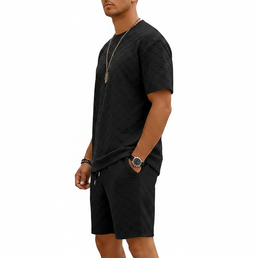 Men’s Gray Textured Checkered Short Sleeve T-Shirt and Drawstring Shorts Set 18