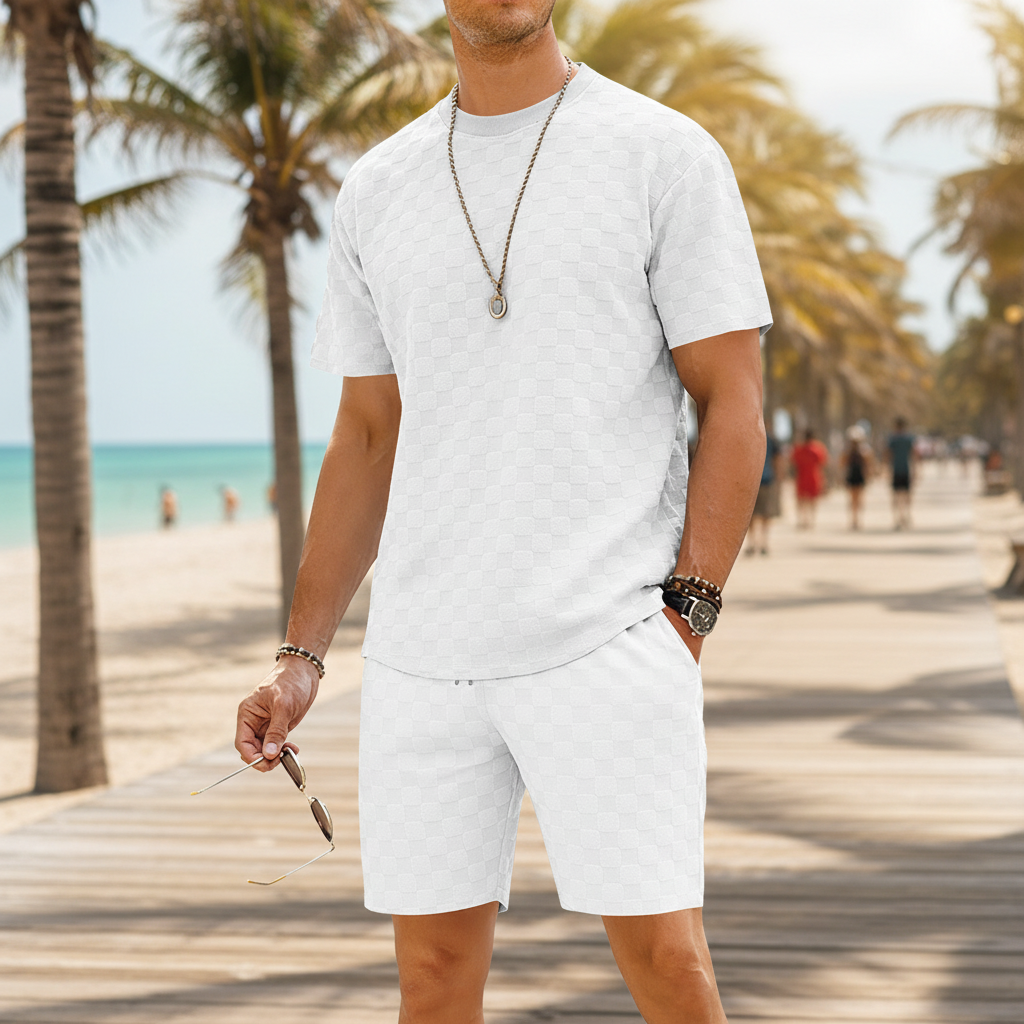 Men’s Gray Textured Checkered Short Sleeve T-Shirt and Drawstring Shorts Set 16