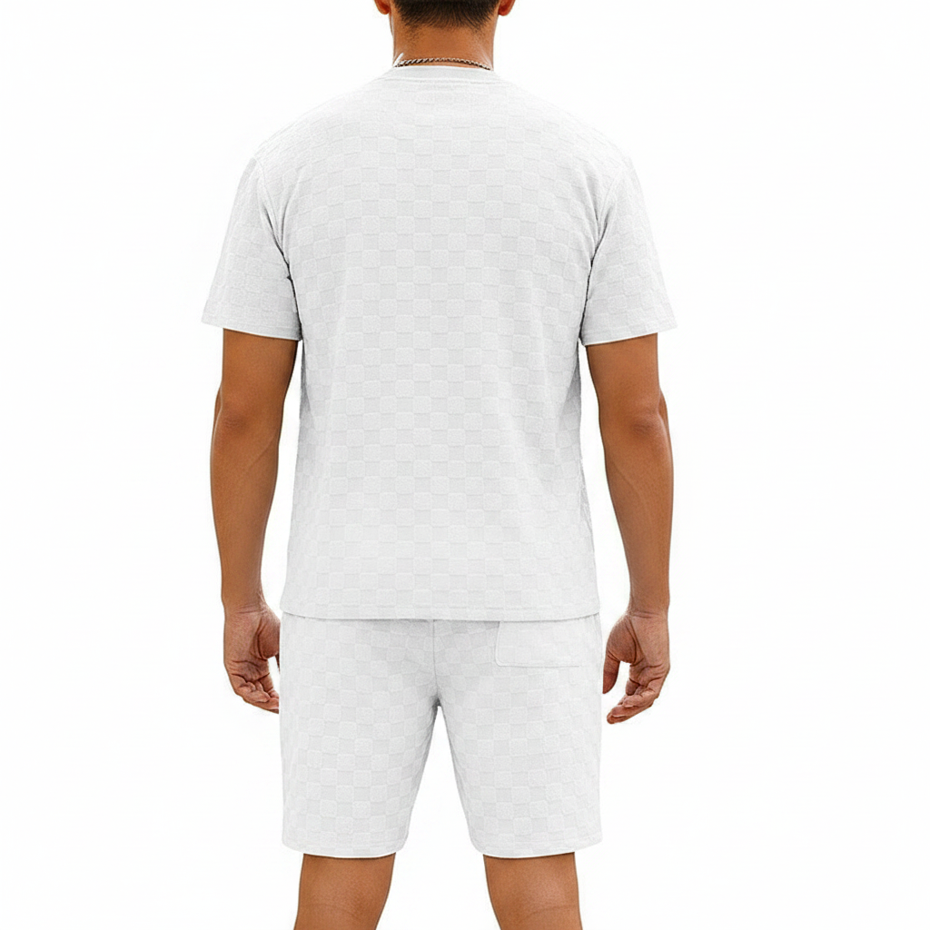 Men’s Gray Textured Checkered Short Sleeve T-Shirt and Drawstring Shorts Set 15