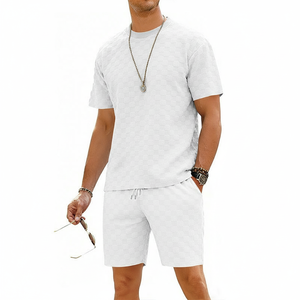 Men’s Gray Textured Checkered Short Sleeve T-Shirt and Drawstring Shorts Set 14