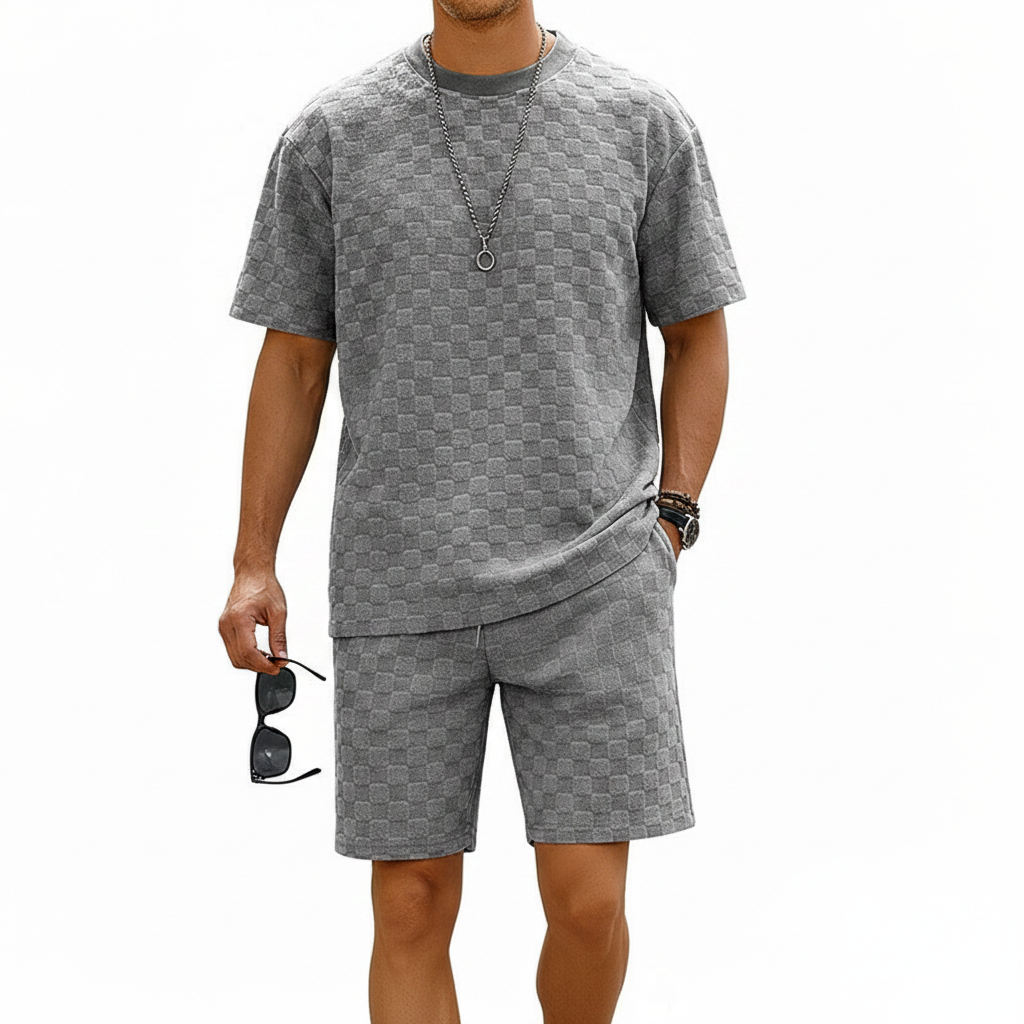 Men’s Gray Textured Checkered Short Sleeve T-Shirt and Drawstring Shorts Set 10