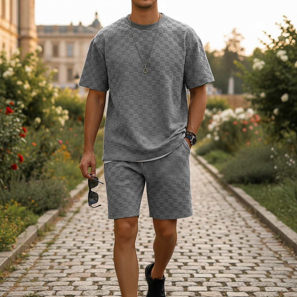 Men’s Gray Textured Checkered Short Sleeve T-Shirt and Drawstring Shorts Set 13
