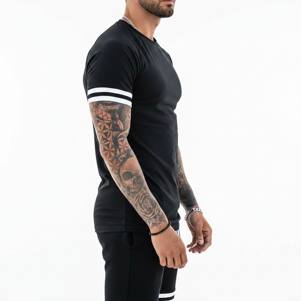 Men’s Slim Fit Short Sleeve T-Shirt and Shorts Set with White Stripe Detail 27