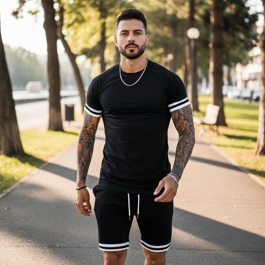 Men’s Slim Fit Short Sleeve T-Shirt and Shorts Set with White Stripe Detail 28
