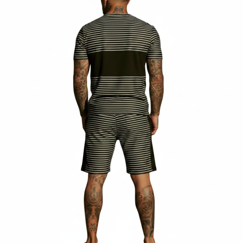 Men’s Slim Fit Short Sleeve T-Shirt and Shorts Set with White Stripe Detail 23